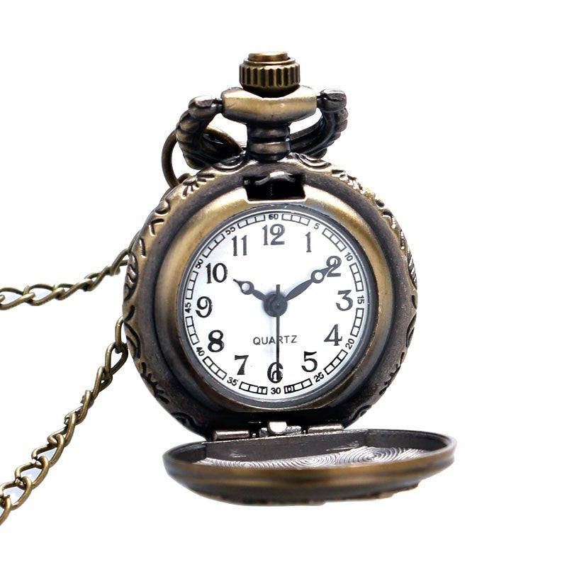 Vintage-style pocket watch with a chain on a white background