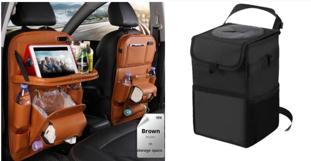 A car seat organizer bag shown in two views: on the left, attached to the back of a car seat with pockets holding a tablet, bottles, and accessories; on the right, a standalone black version of the bag on a white background. Text on the left indicates Brown.