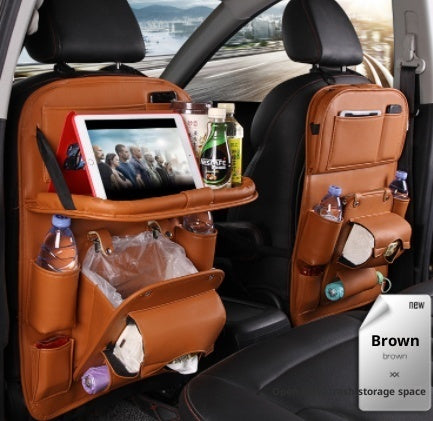 Car back seat organizer with multiple pockets and a tablet stand, placed on a car seat.