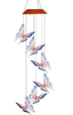 Decorative wind chime with colorful butterfly-shaped elements on a white background