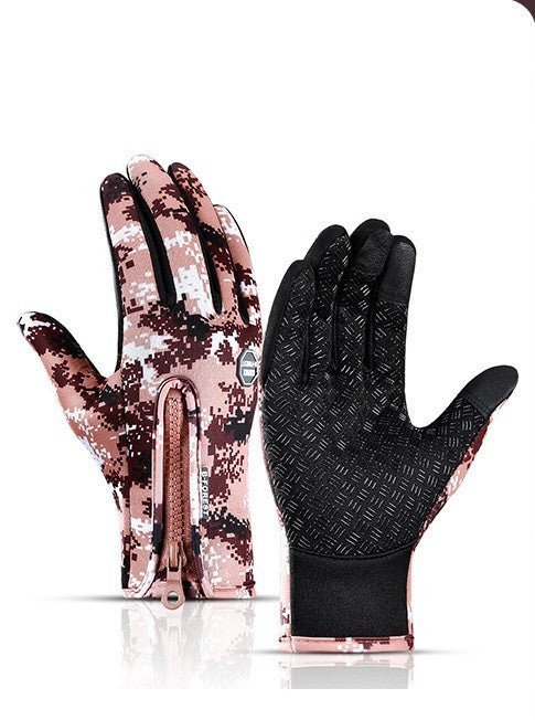 Pair of gloves with camouflage pattern on one and black pattern on the other, on a white background.