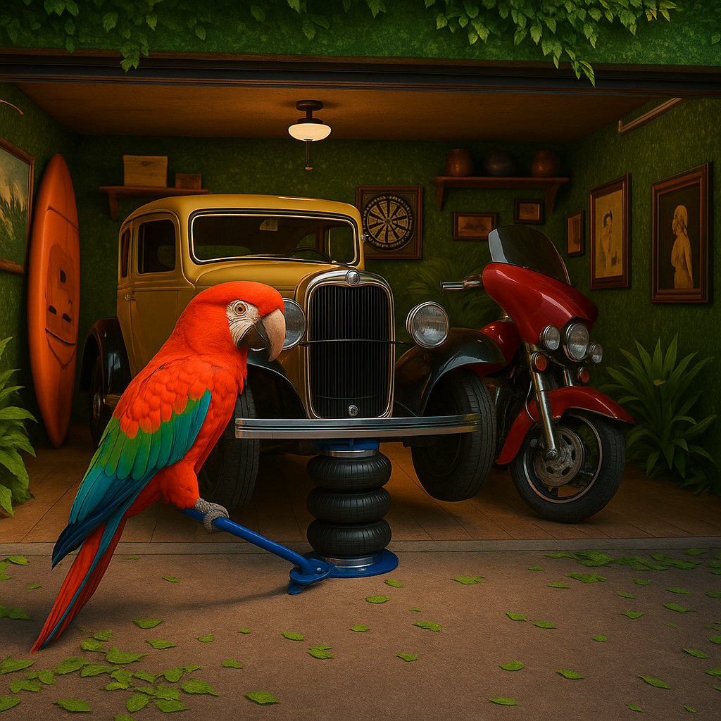 Garage with vintage car, red motorcycle, and parrot on a perch