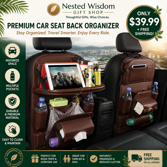 Brown car seat back organizer with multiple pockets and a cup holder, shown installed on two car seats in a vehicle interior. The organizer holds a tablet, bottles, containers, and tissues.
