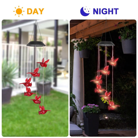 Solar-powered LED wind chime with red butterfly lights, shown during day and night.