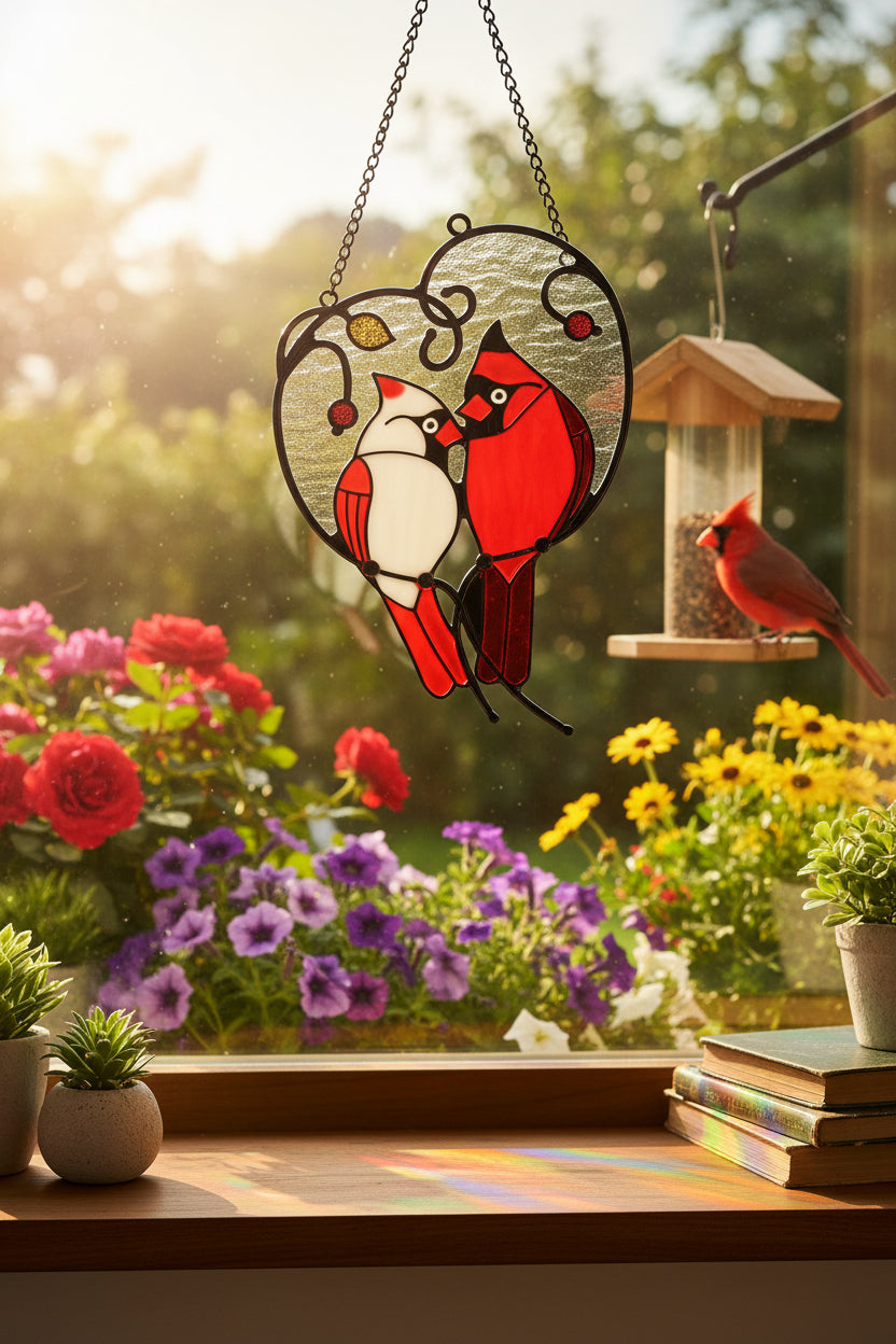 Cardinal suncatcher in window with real cardinal  on bird feeder. 