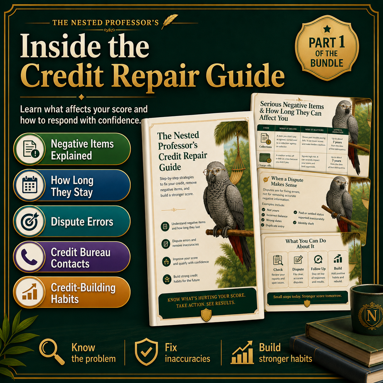 Credit repair guide with parrot illustration on a dark green background