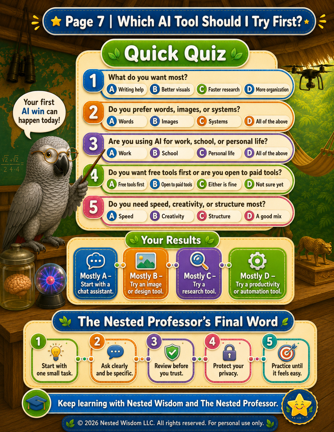 Quick quiz on choosing an AI tool with a parrot and educational background