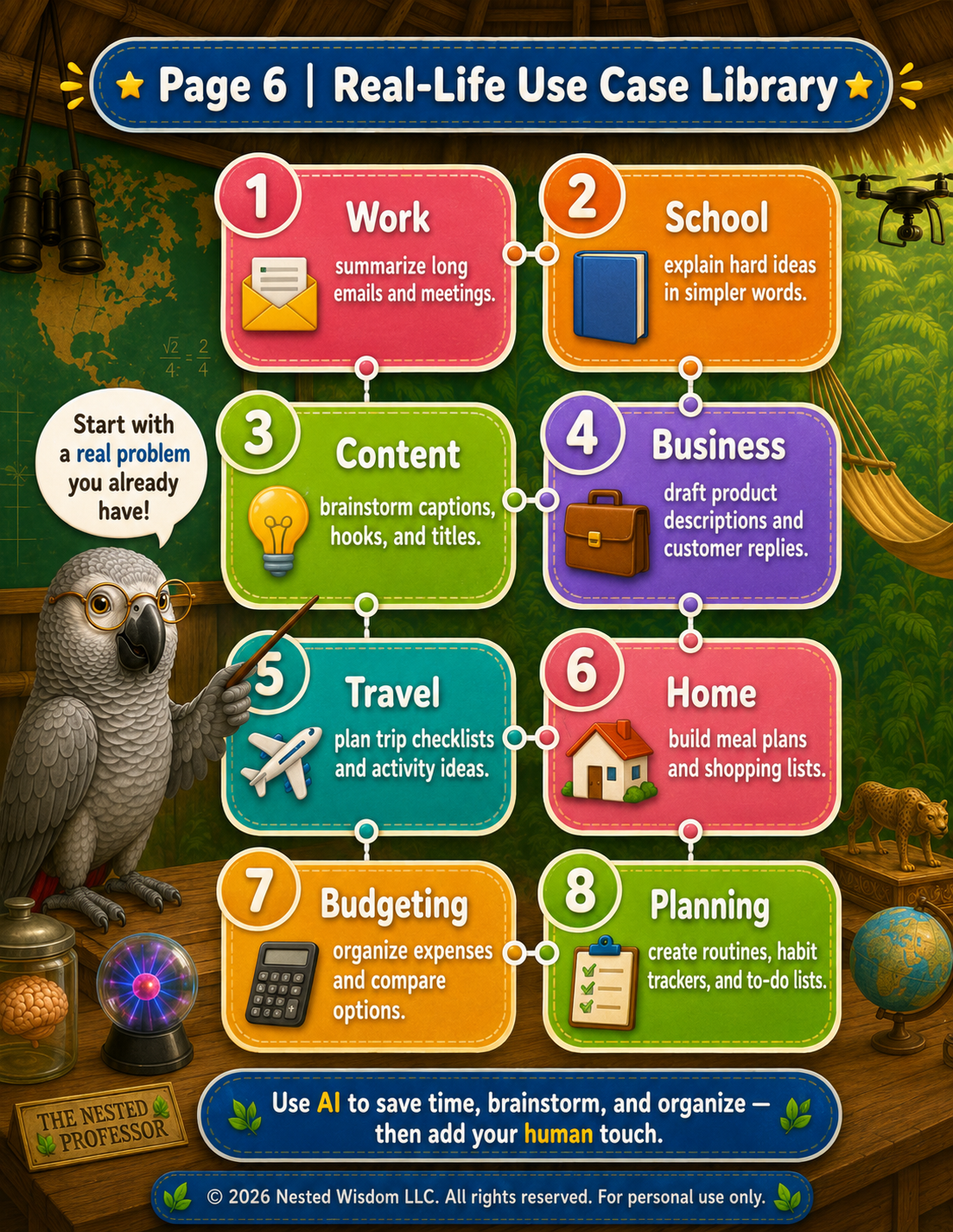 Educational graphic about real-life use cases with a parrot and classroom elements.