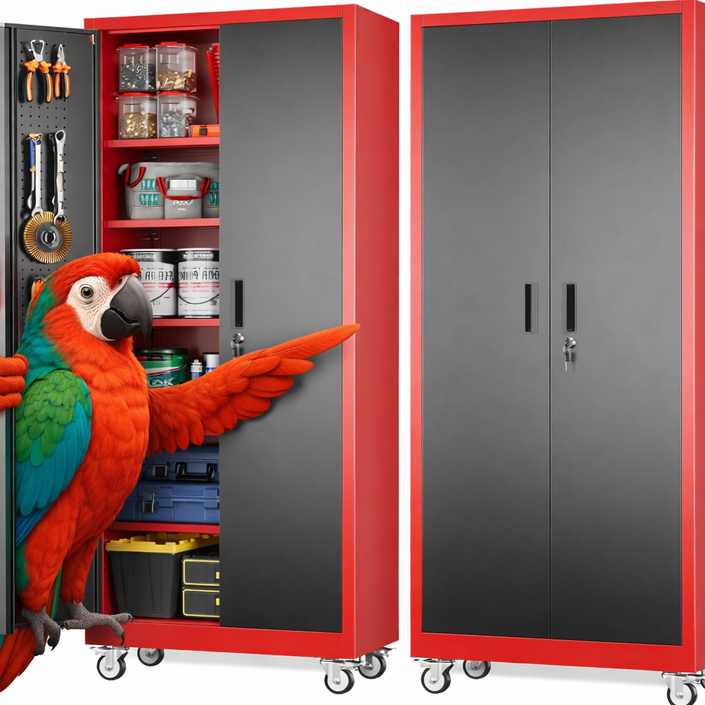 Garage Storage Cabinet with Pegboard & Adjustable Shelves – Lockable Rolling Metal Organizer