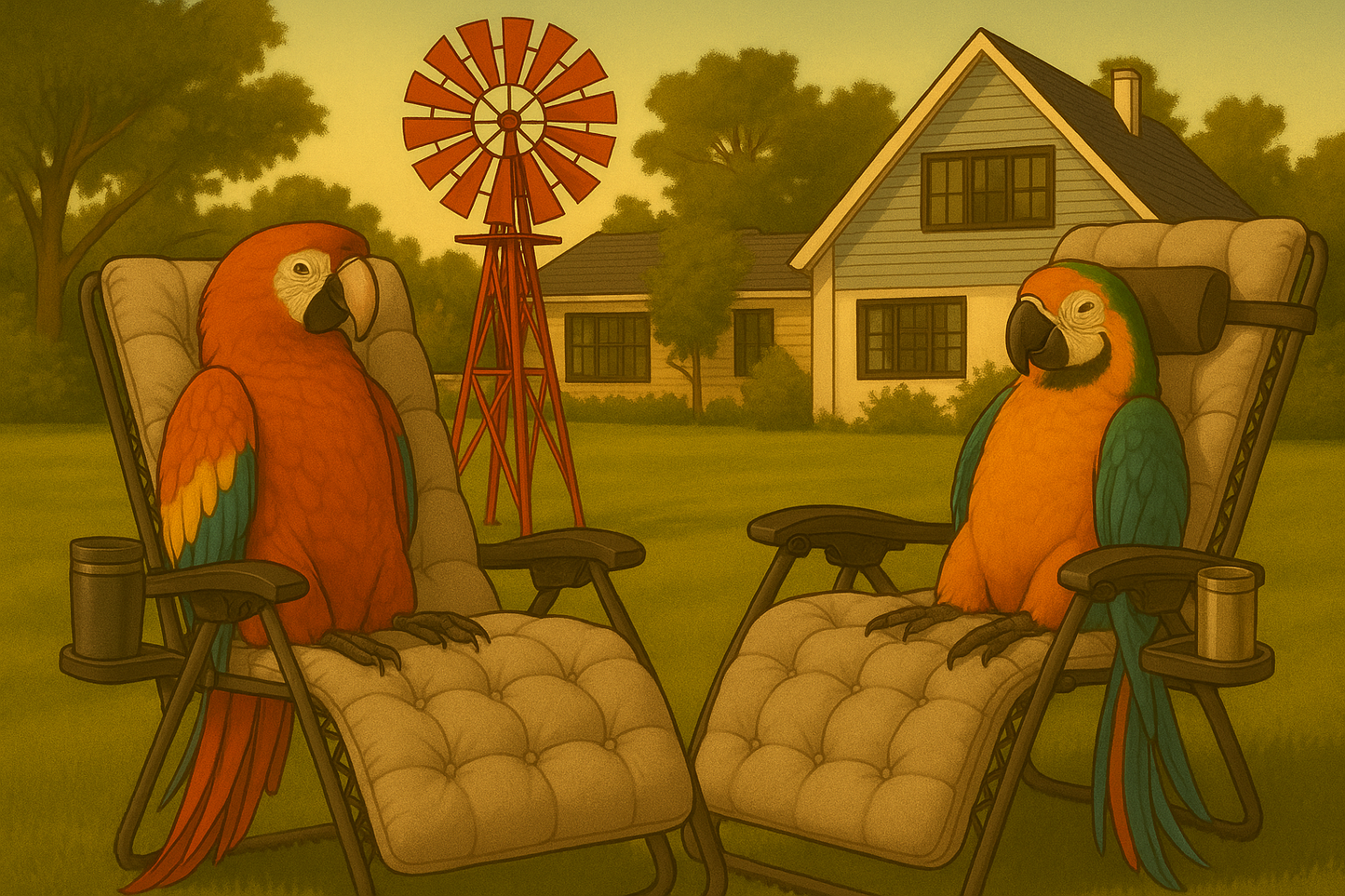 Two parrots sitting in chairs with a house and windmill in the background
