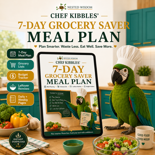 Parrot with a tablet displaying 'Chef Kibbles' 7-Day Grocery Saver Meal Plan' in a kitchen setting.