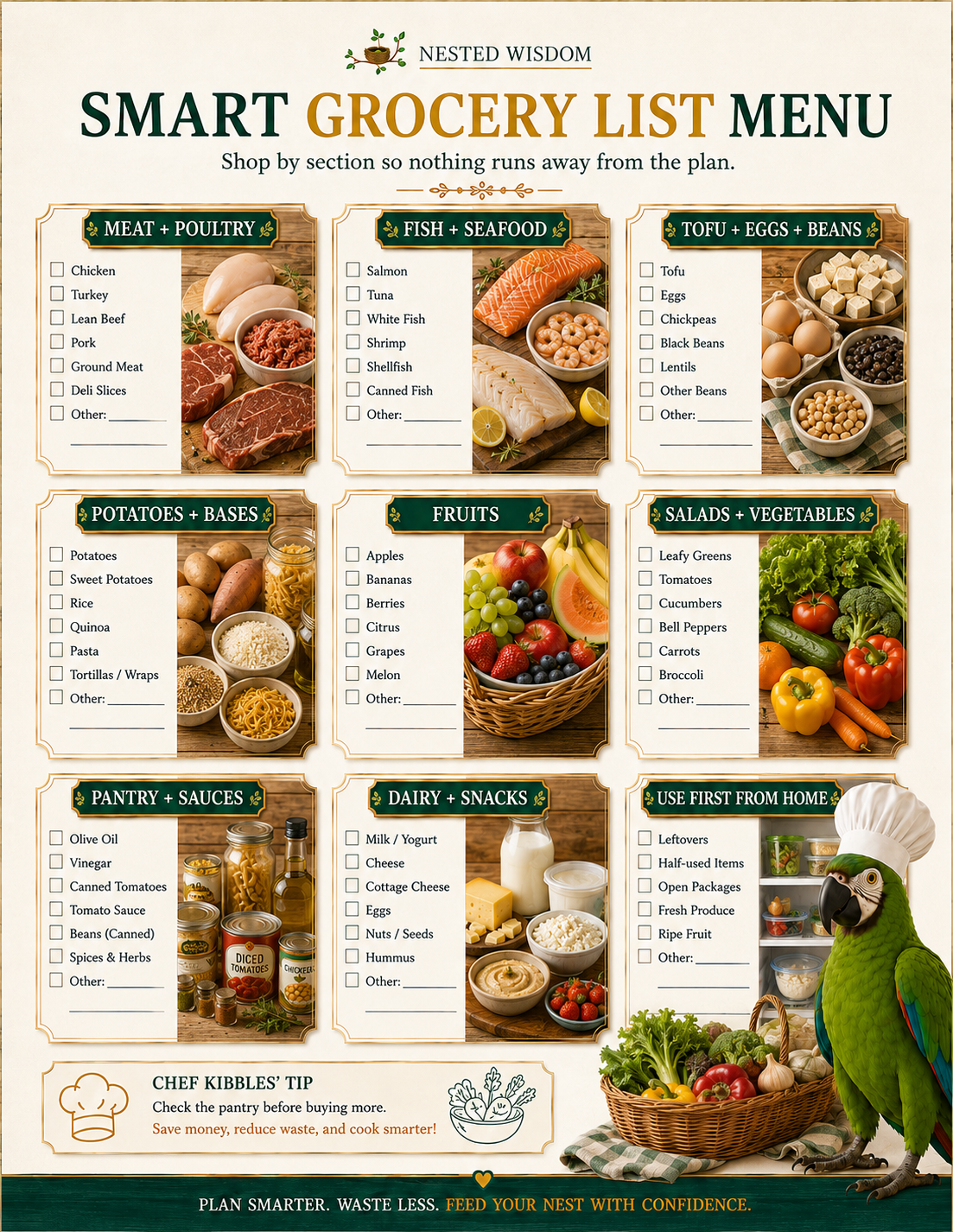 Smart Grocery List Menu with sections for meat, poultry, fish, seafood, etc., featuring images of food items.