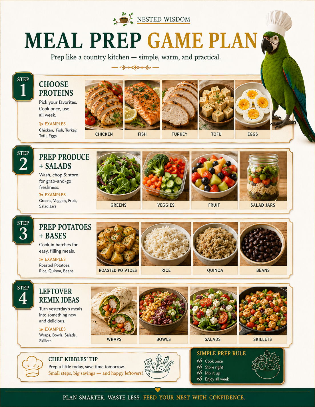 Meal prep guide with step-by-step instructions and images of food items.