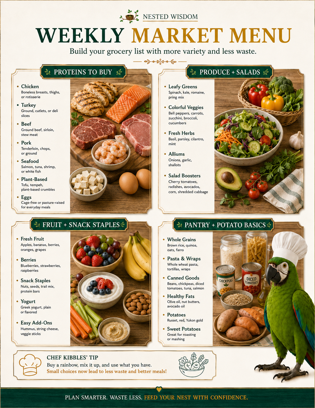 Weekly market menu with food categories and a parrot on a white background