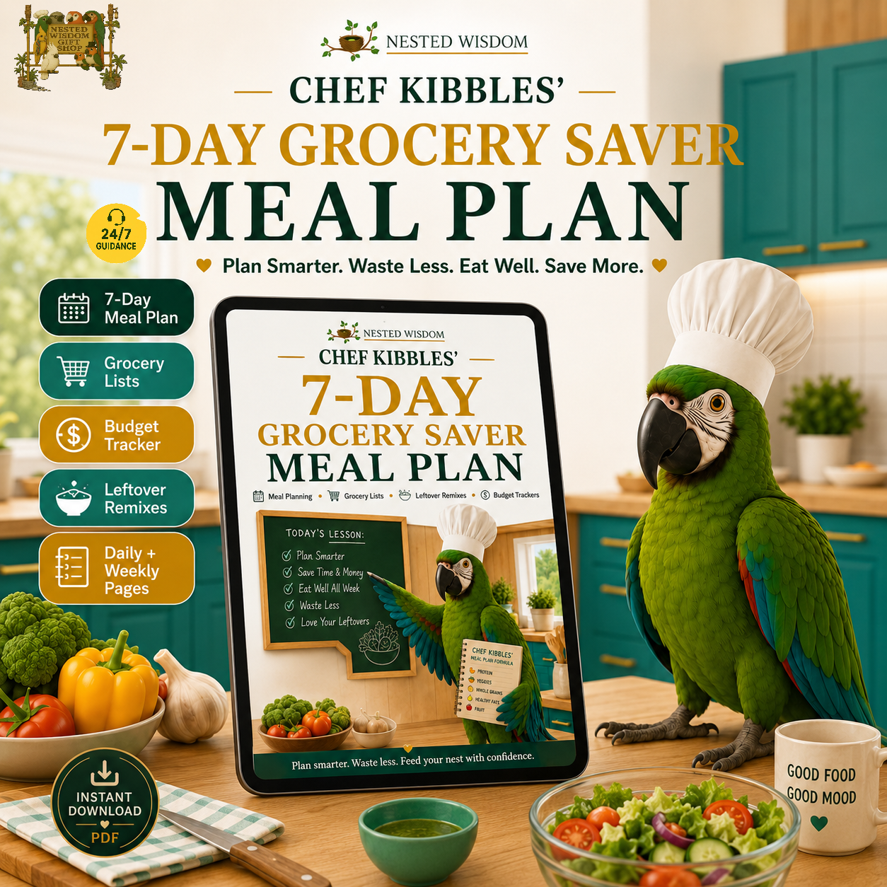 Promotional graphic for the 'Chef Kibbles' 7-Day Grocery Saver Meal Plan' by Nested Wisdom, featuring a tablet displaying the digital planner on a kitchen counter next to a green parrot wearing a chef's hat, surrounded by fresh vegetables and a salad.