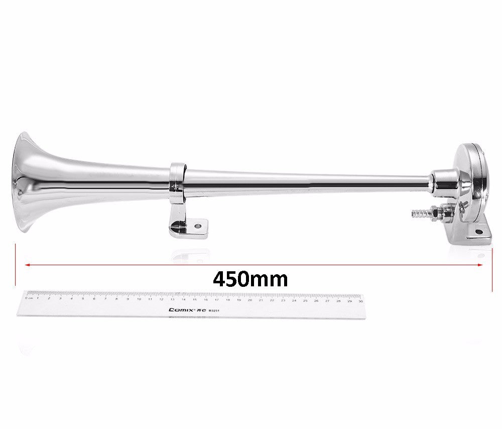 Chrome car horn with measurement scale on a white background