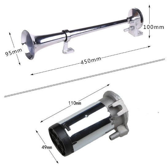 Measurement chart of a car horn with dimensions labeled.