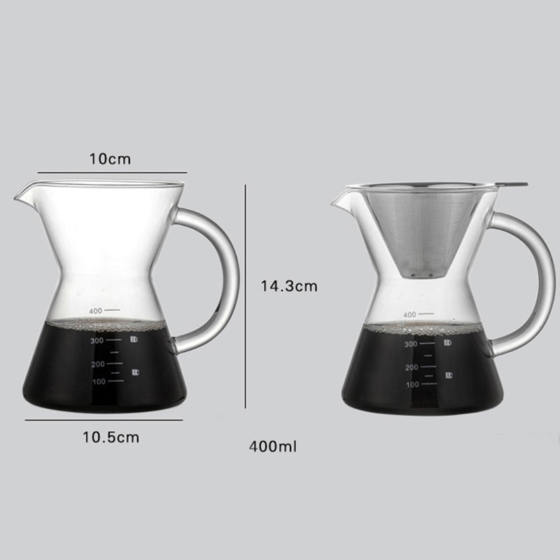 Two glass coffee brewing devices with measurements on a gray background