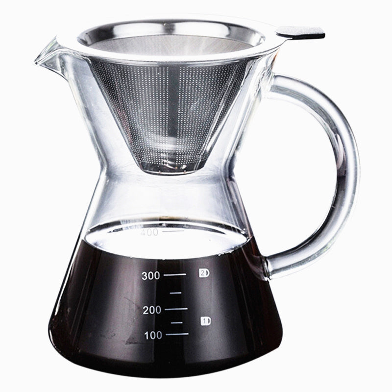 Clear glass coffee maker with metal filter on a white background