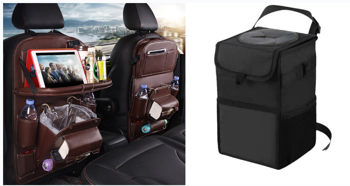A dual-sided view of a car seat organizer backpack. The left side shows the brown leatherette organizer hanging on the back of two car seats, holding a tablet, bottles, and a bag.