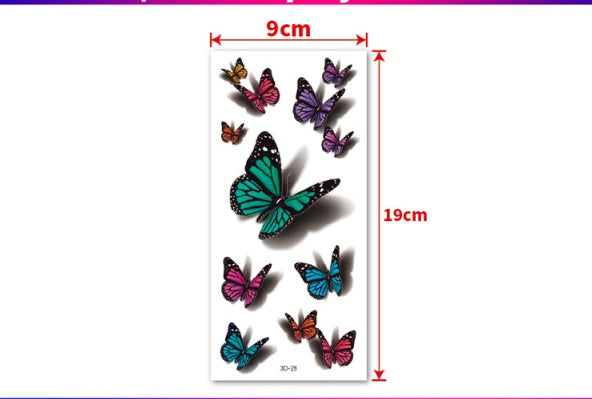 Sheet of butterfly tattoos with dimensions on a white background