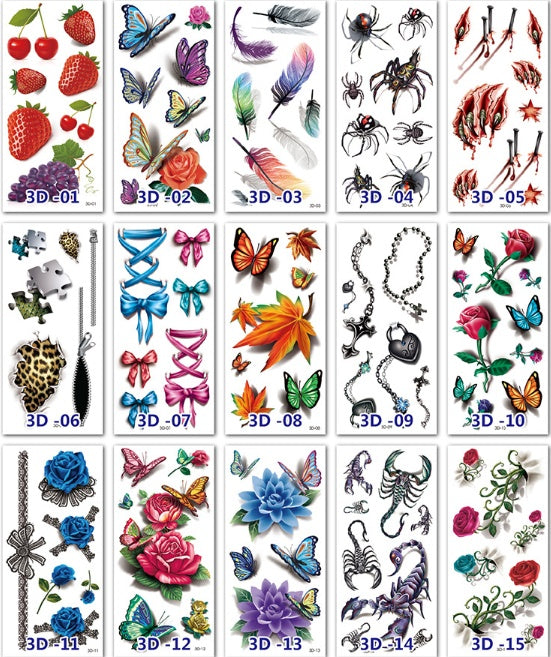 Collection of temporary tattoos with various designs including flowers, butterflies, and other elements.