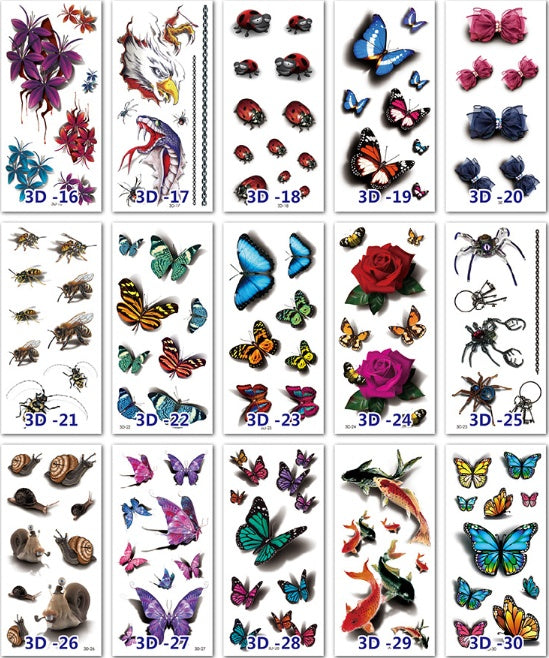 Collection of temporary tattoos with various designs including butterflies, flowers, and animals on white backgrounds.