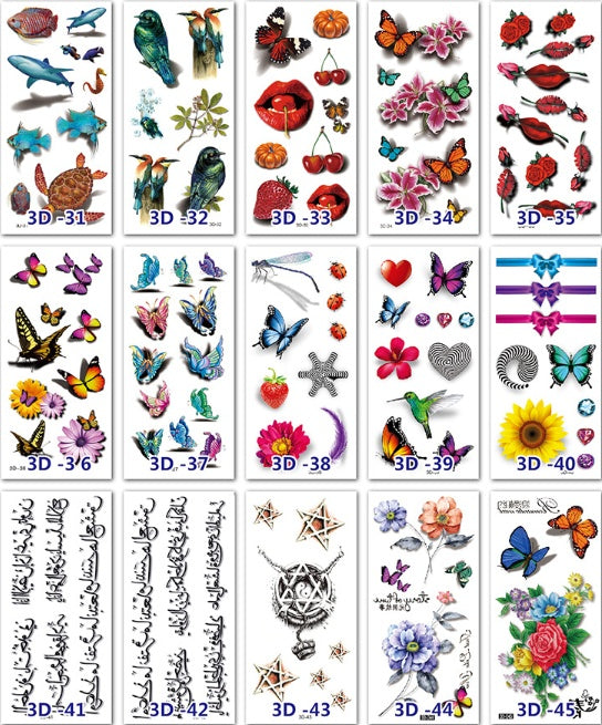 Collection of temporary tattoos with various designs including animals, nature, and abstract elements.
