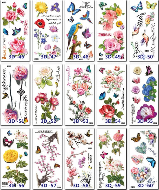 Collection of floral and nature-themed temporary tattoos with various designs.