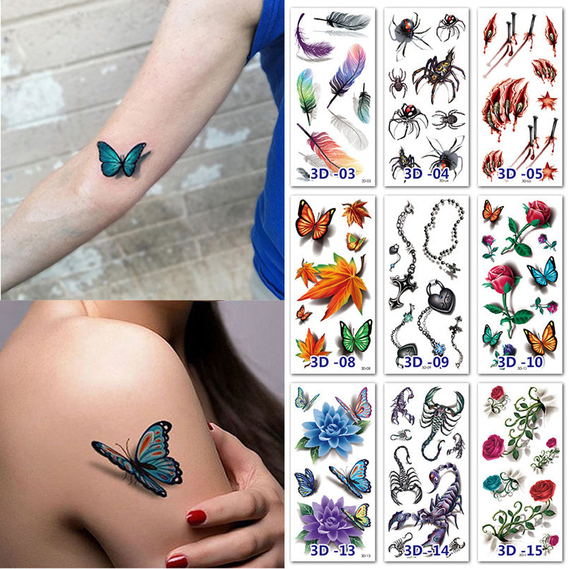 Collection of temporary tattoos with various designs including butterflies, flowers, and animals on a white background.