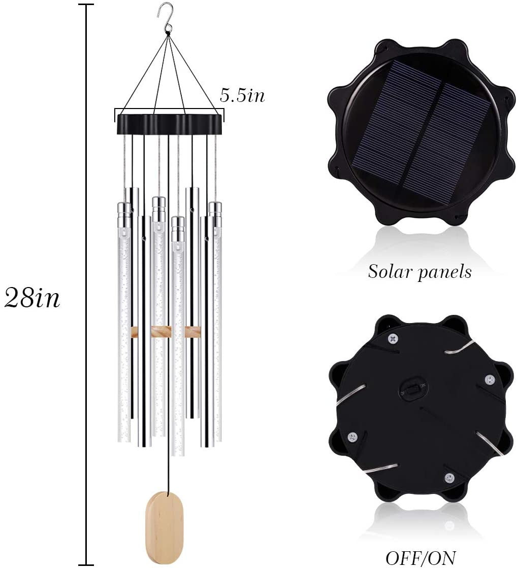 Solar-powered wind chime with solar panels and dimensions displayed.