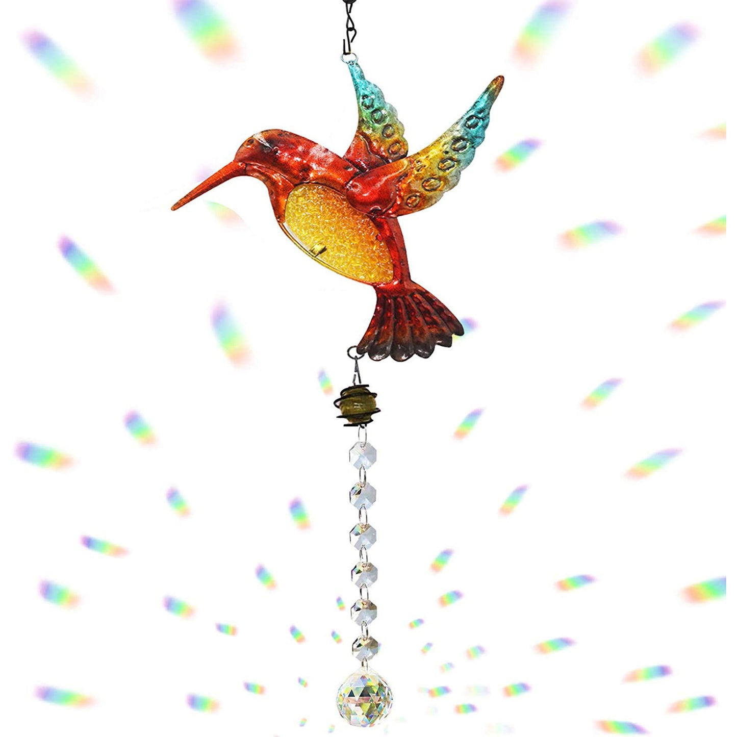 Colorful hummingbird-shaped wind chime on a white background with rainbow accents.