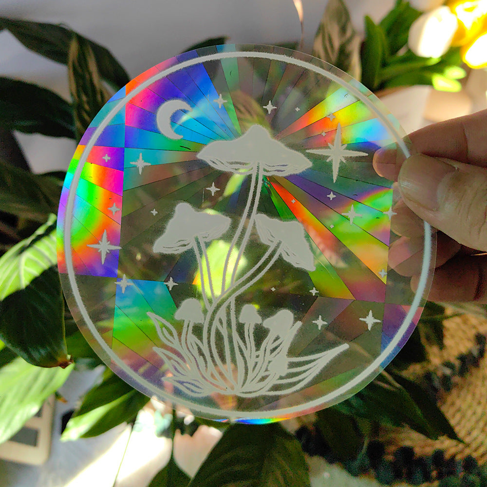 Holographic disc with mushroom design held by a hand against a plant background