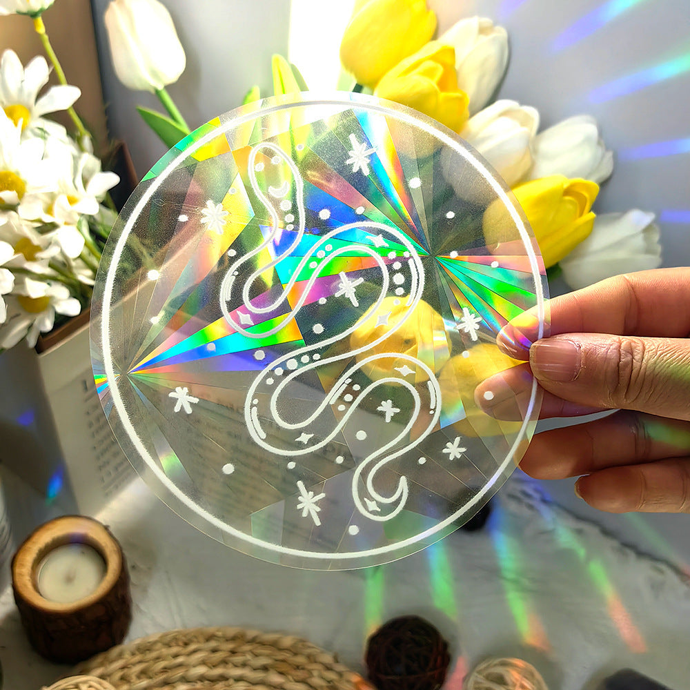 Hand holding a transparent disc with colorful geometric design against a floral background