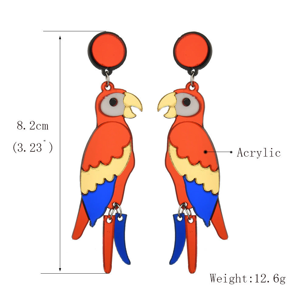 Colorful parrot-shaped earrings with measurements and material information on a white background