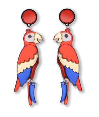 Colorful parrot-shaped earrings on a white background