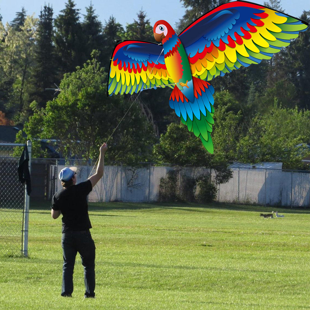 Person flying a colorful parrot kite in an open field with trees in the background