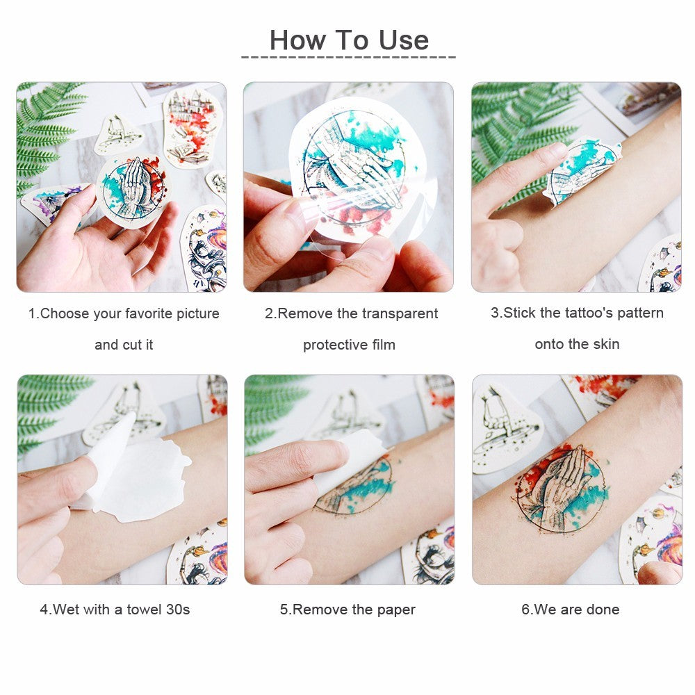 Step-by-step guide on how to use temporary tattoos with images and text.