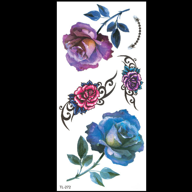 Colorful rose tattoo design with leaves on a white background
