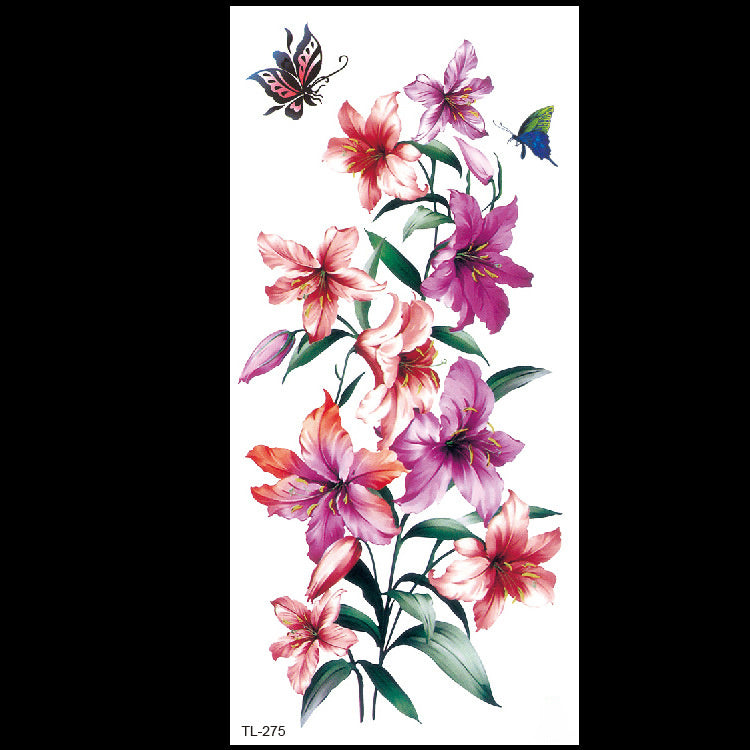 Floral design with pink and purple flowers and butterflies on a white background