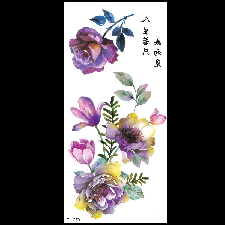 Floral tattoo design with purple, yellow, and green flowers on a white background.