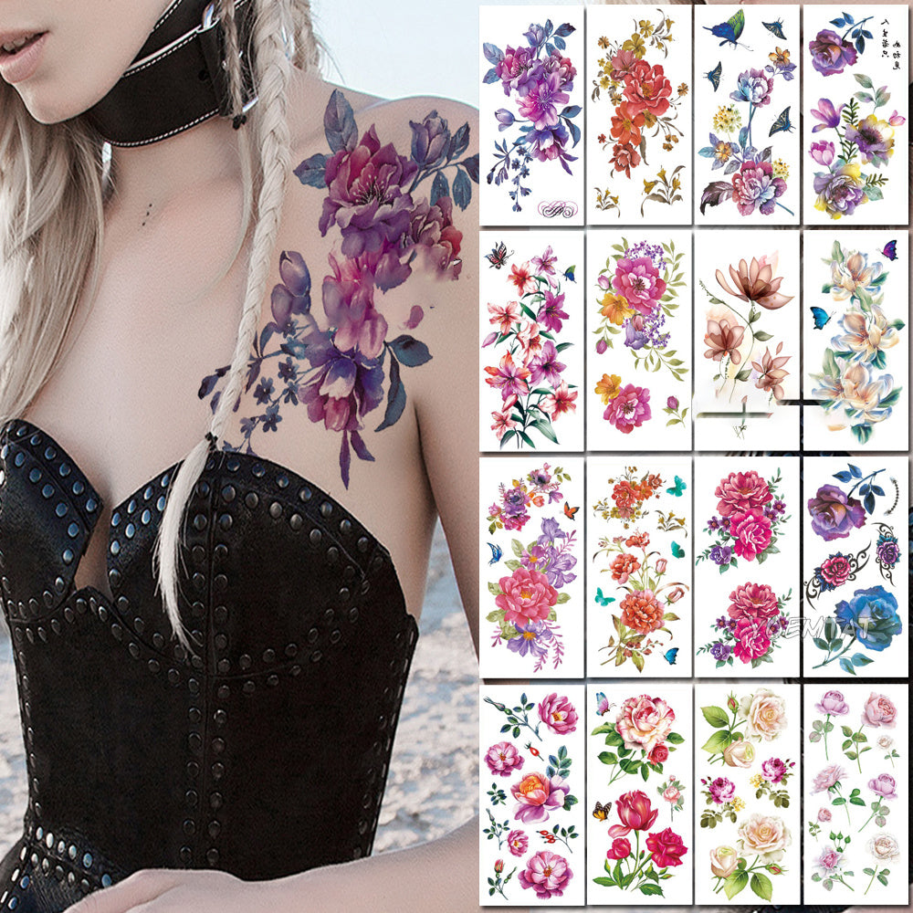 Woman with floral tattoo on shoulder and collection of colorful floral tattoos.