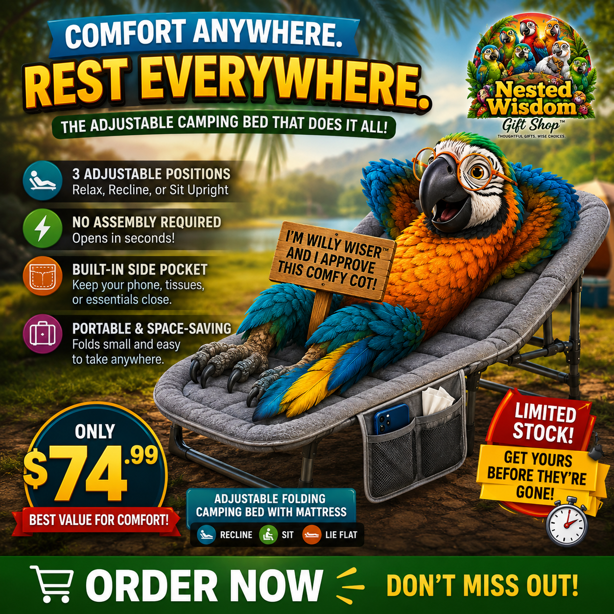 Promotional graphic for a Nested Wisdom Gift Shop adjustable camping bed. The product is shown in a reclining position on a folding camp chair with a parrot sitting on it.
