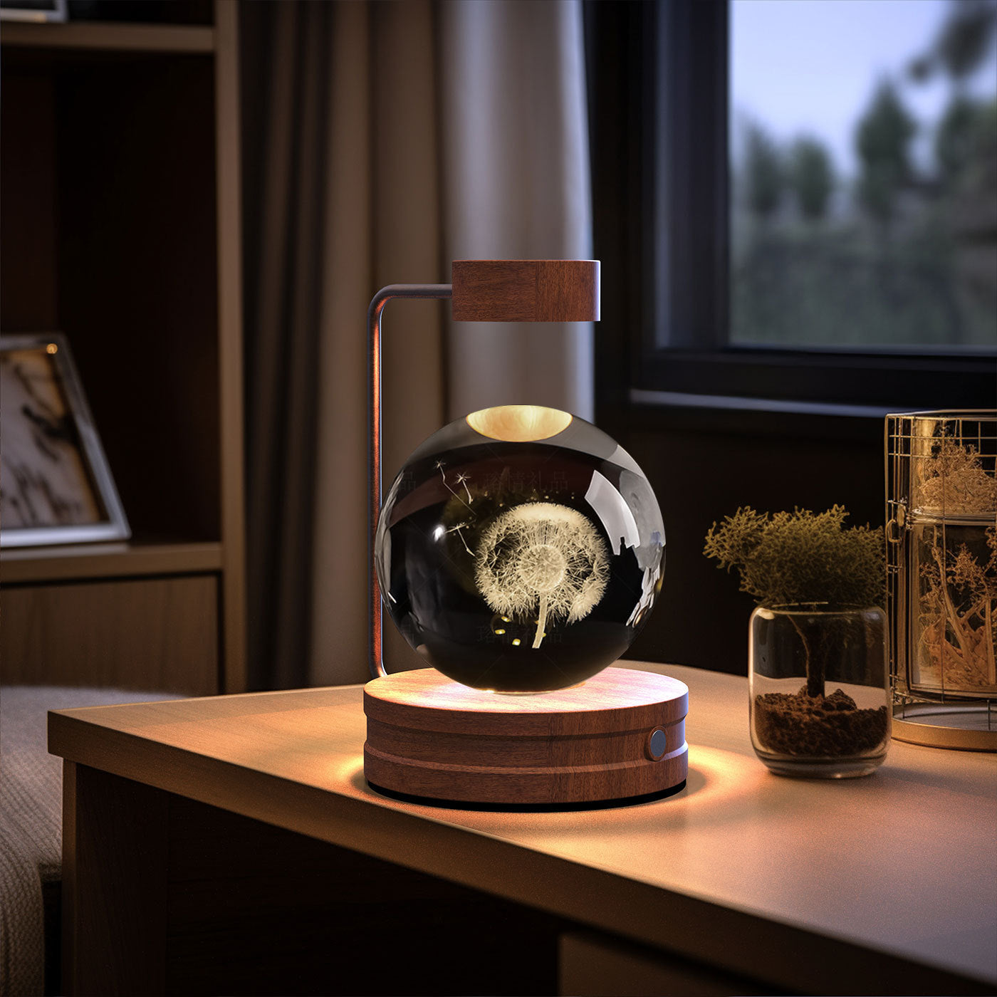 Futuristic lamp with glass sphere on a wooden base in a dimly lit room.