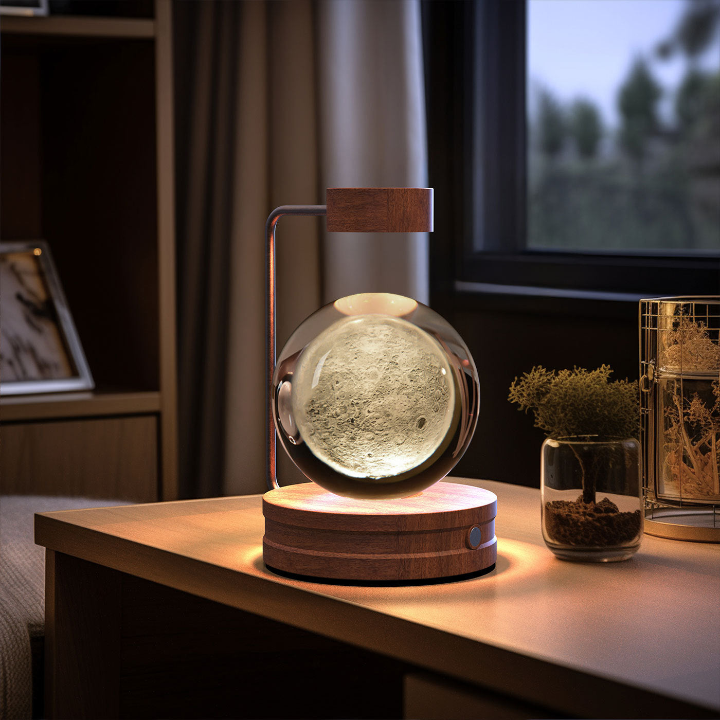 Decorative lamp with moon design on a wooden base in a cozy room setting.