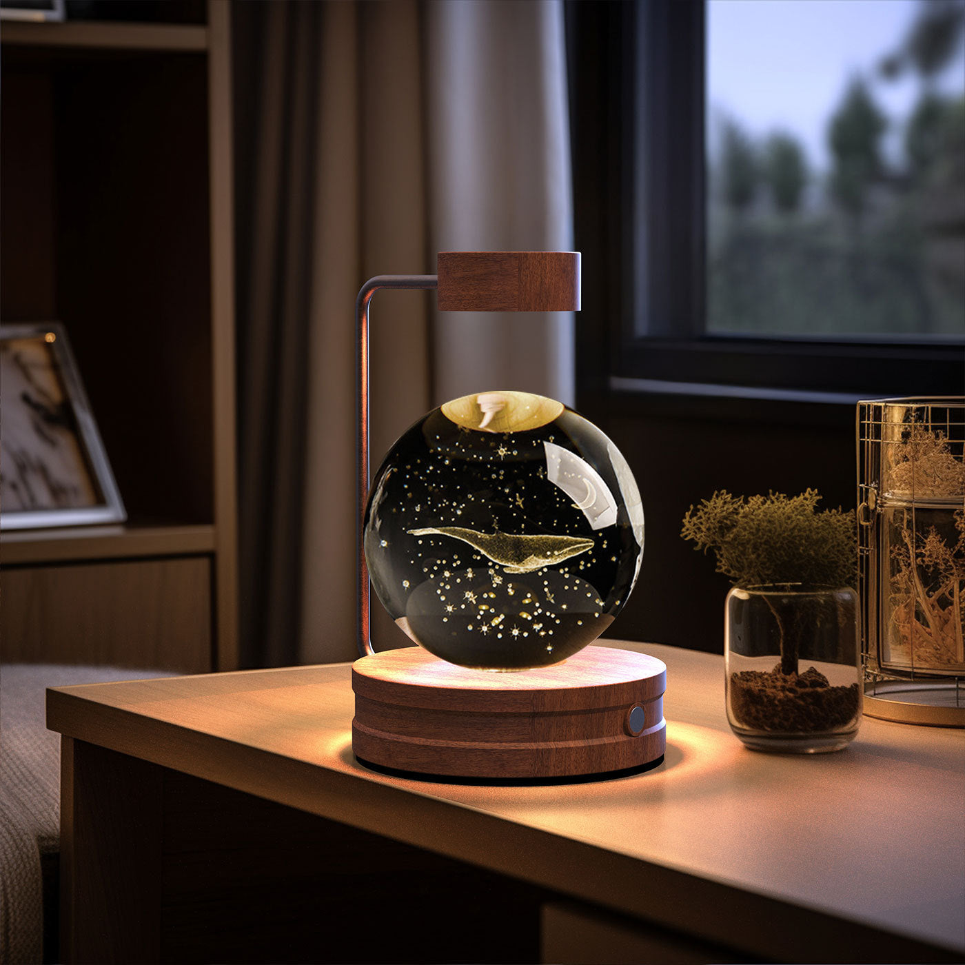 Decorative lamp with glass sphere and wooden base on a table in a room setting.