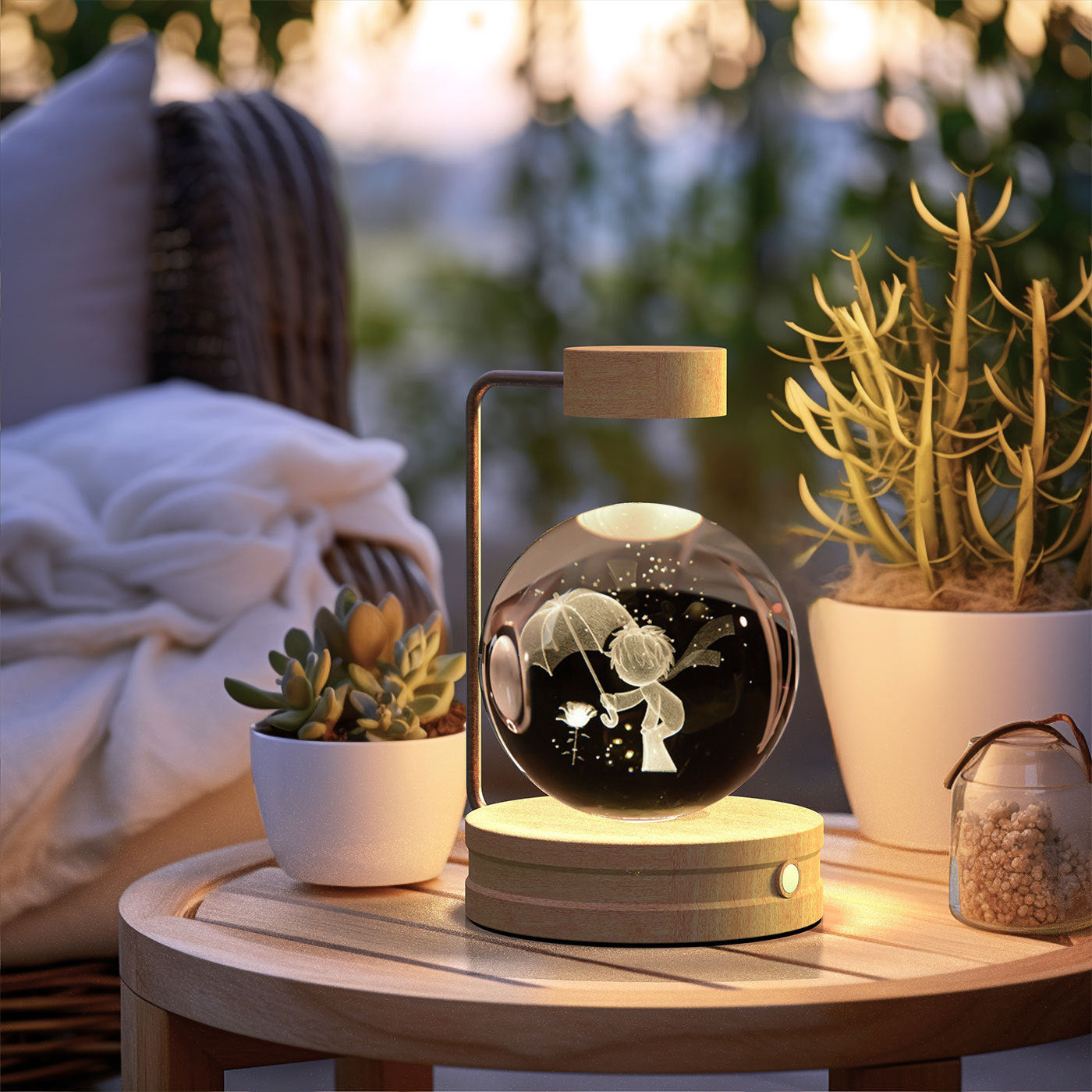 Decorative lamp on a table with plants and pillows in the background