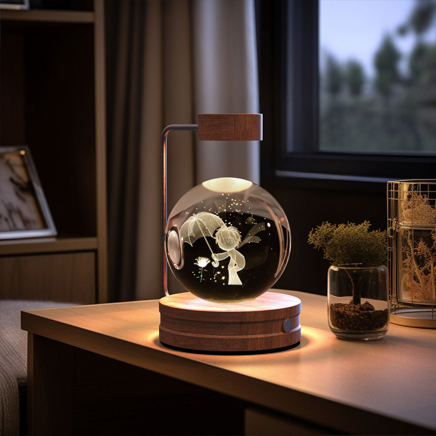 Decorative lamp with a glass sphere on a wooden base, featuring an engraved design, on a table in a room.