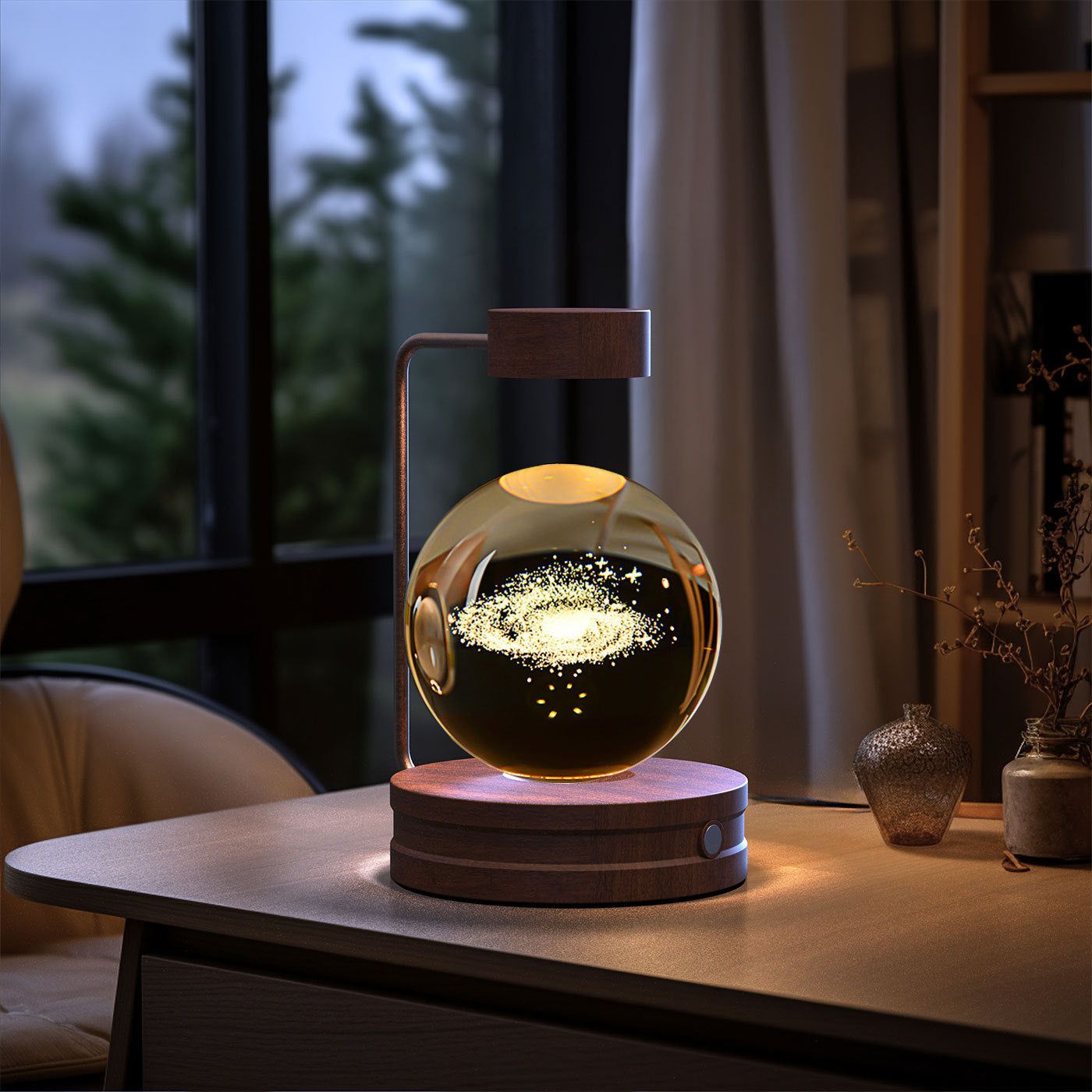 Decorative lamp with galaxy design on a table in a room with a window and plants.