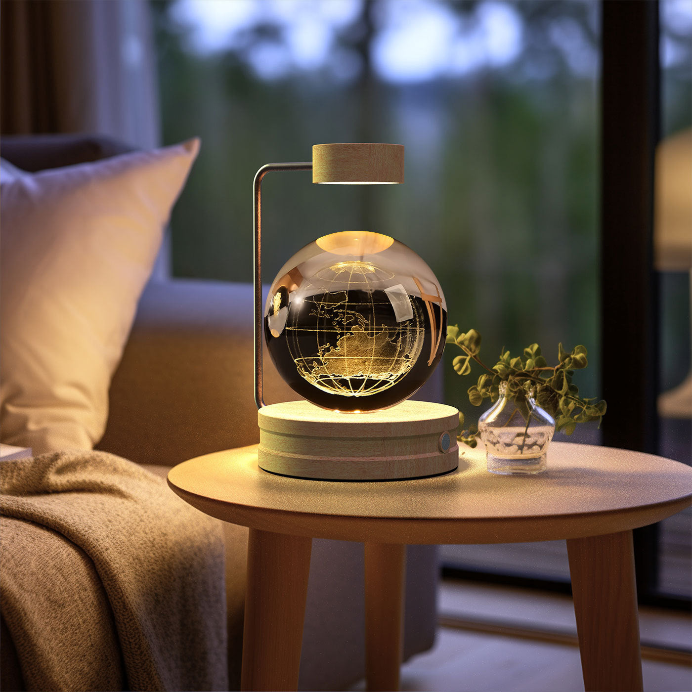 Glowing globe on a small table with a blurred indoor background